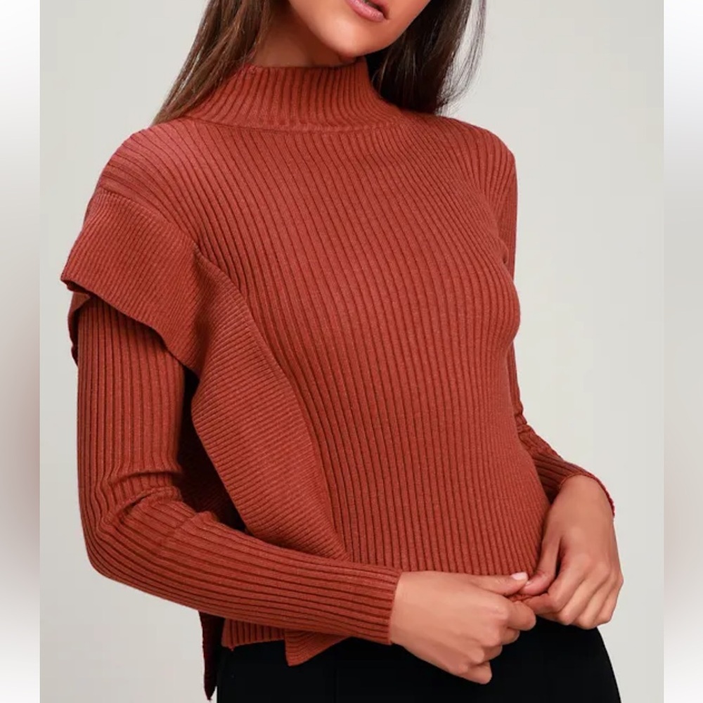 JOA Jadzia Rusty Rose Ribbed Long Sleeve Mock Neck Sweater Top